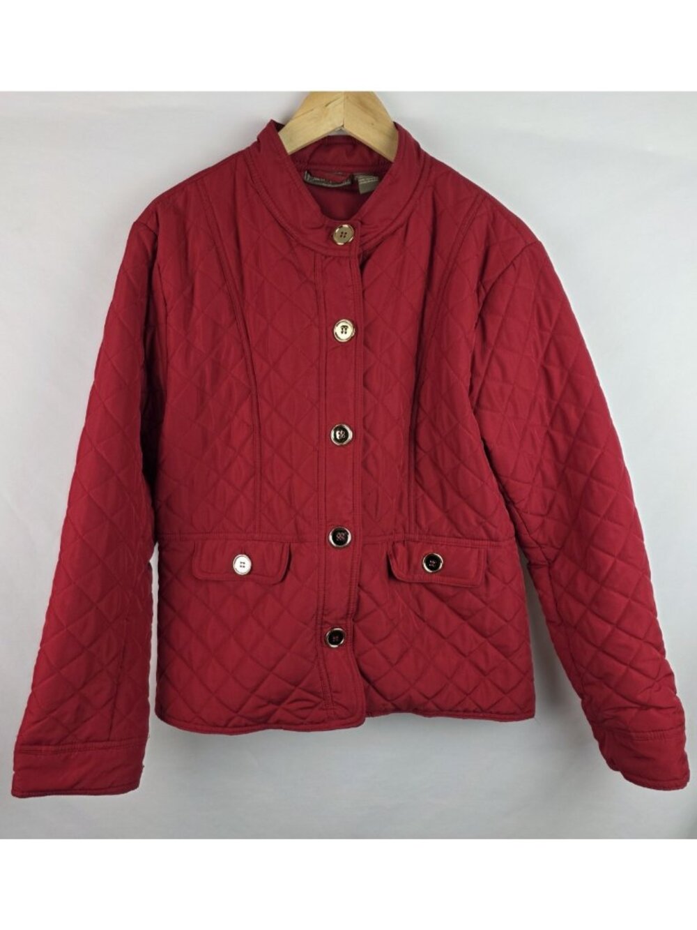 Jane Ashley Women's Jacket Size Large Red Quilted Puffy Coat Gold Buttons Down